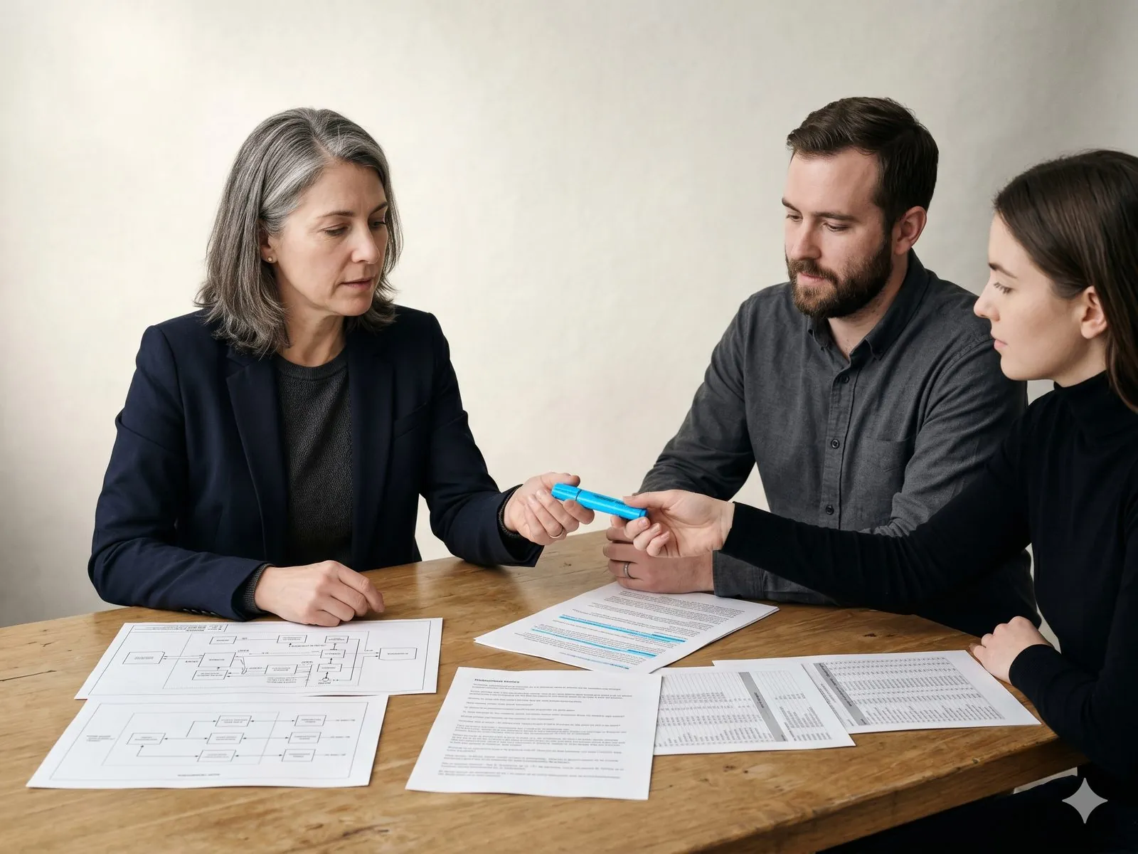 A Field CTO and two engineers at a workshop table covered in printed evidence, one electric-blue highlighter passing between hands.