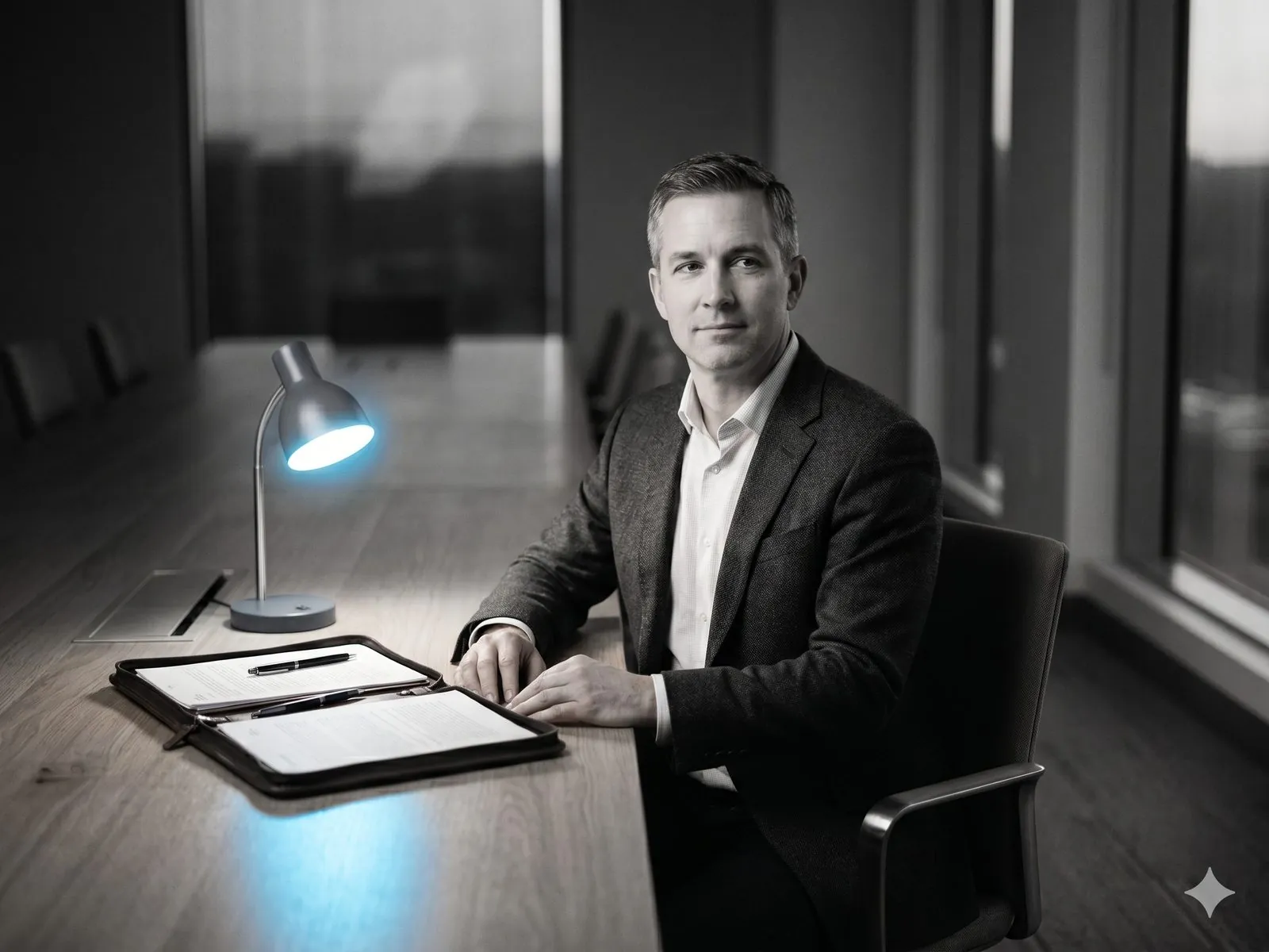 A fractional CTO at the head of an empty long table at dawn, briefcase open, single electric-blue lamp on, three empty chairs waiting.