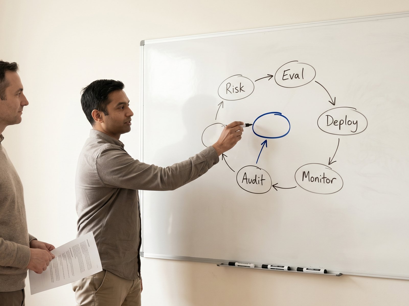 Two practitioners at a whiteboard sketching a hand-drawn governance lifecycle, the engineer drawing a connecting arrow as the compliance lead looks on.