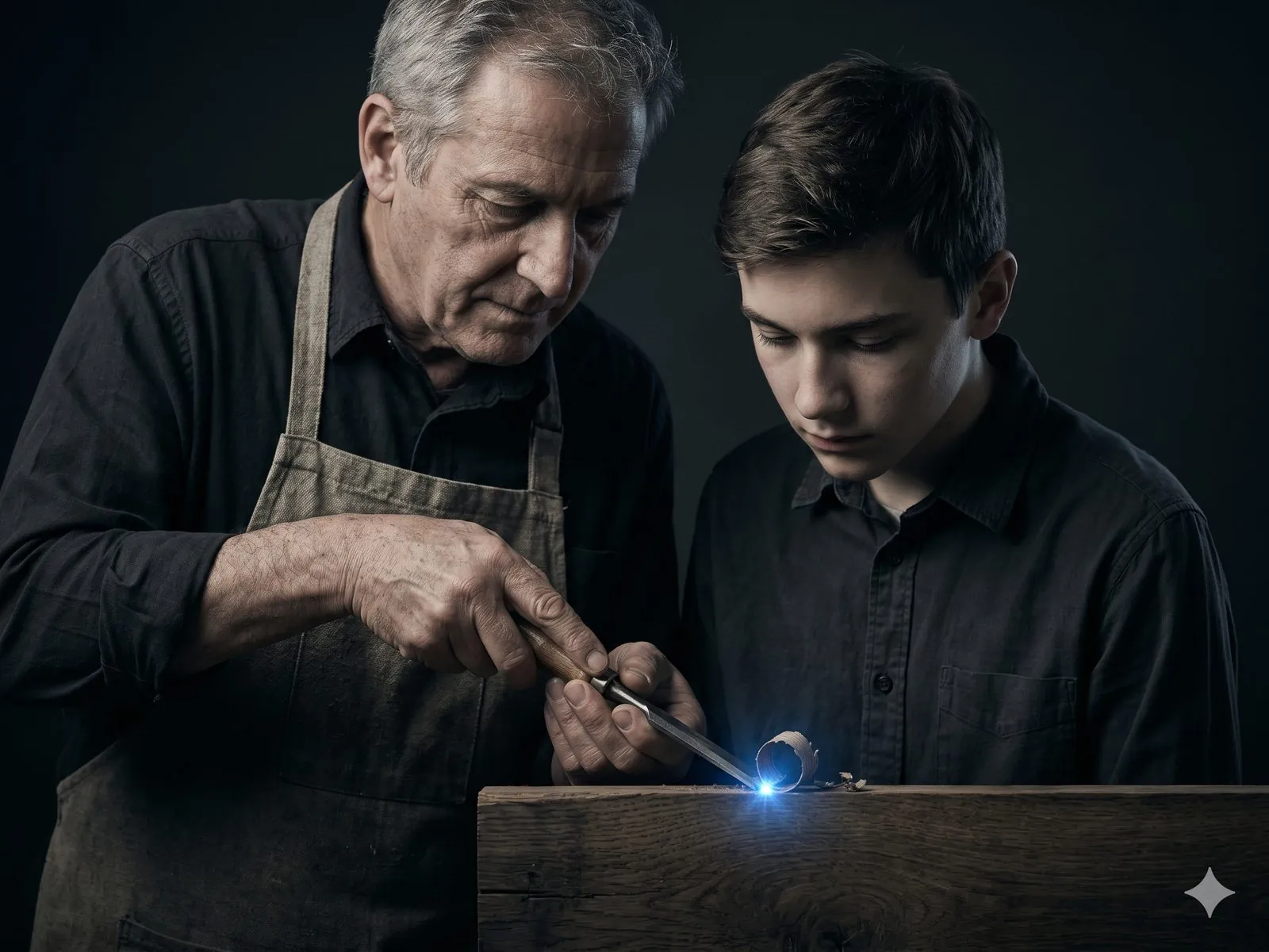 A senior craftsperson guiding an apprentice’s hand on the same wood-chisel, both watching the working edge where an electric-blue spark catches the cut.