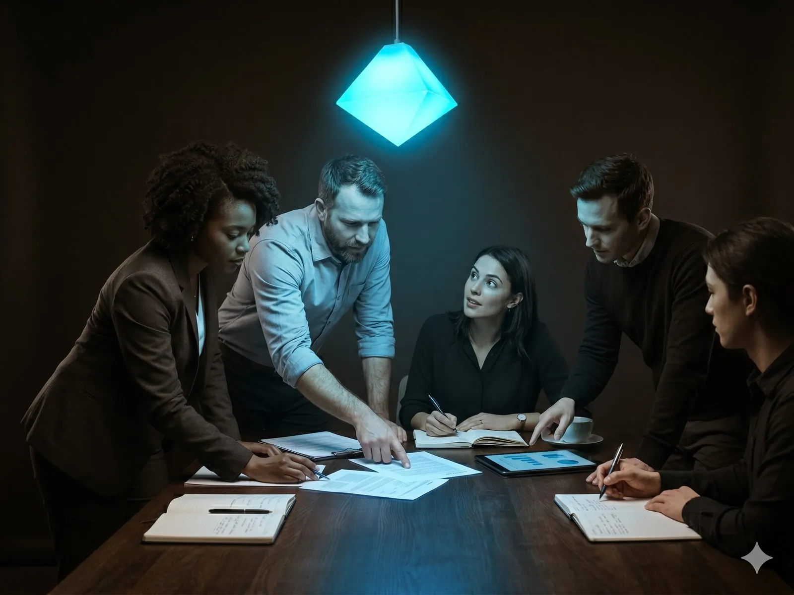 A small cross-functional team of five at a single shared table in an open studio, lit by one warm electric-blue overhead pendant lamp.
