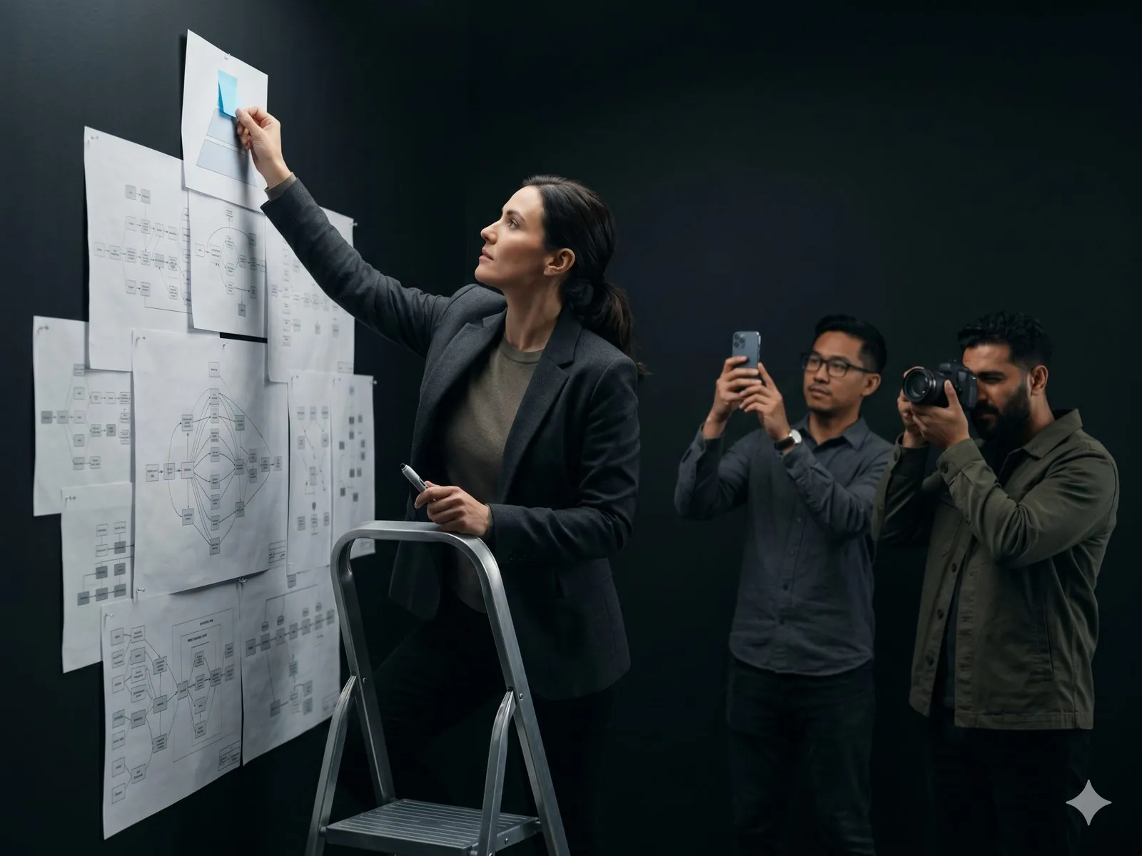 A platform lead climbing a stepladder against a wall of layered architecture diagrams, placing an electric-blue sticky note on the apex tier while two colleagues photograph the stack.