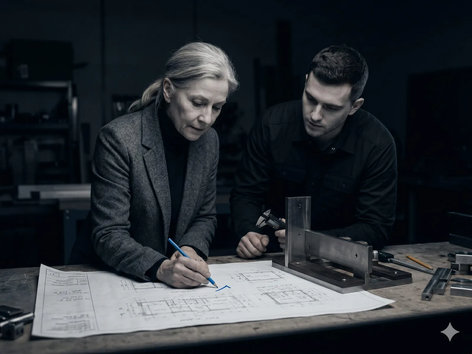 A senior architect and a junior engineer at a workbench comparing a printed blueprint against a built jig, the architect drawing an electric-blue tick on the blueprint.