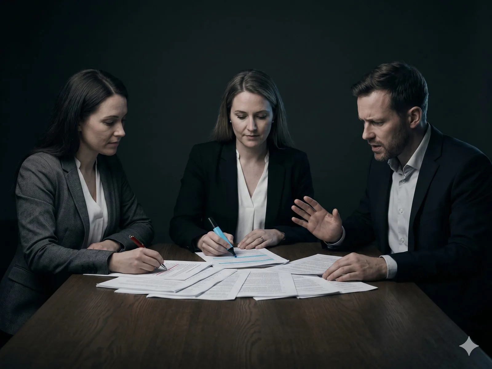 Three reviewers seated around a printed model-output transcript, one with a red pen, one with an electric-blue highlighter, one mid-objection with palm raised.