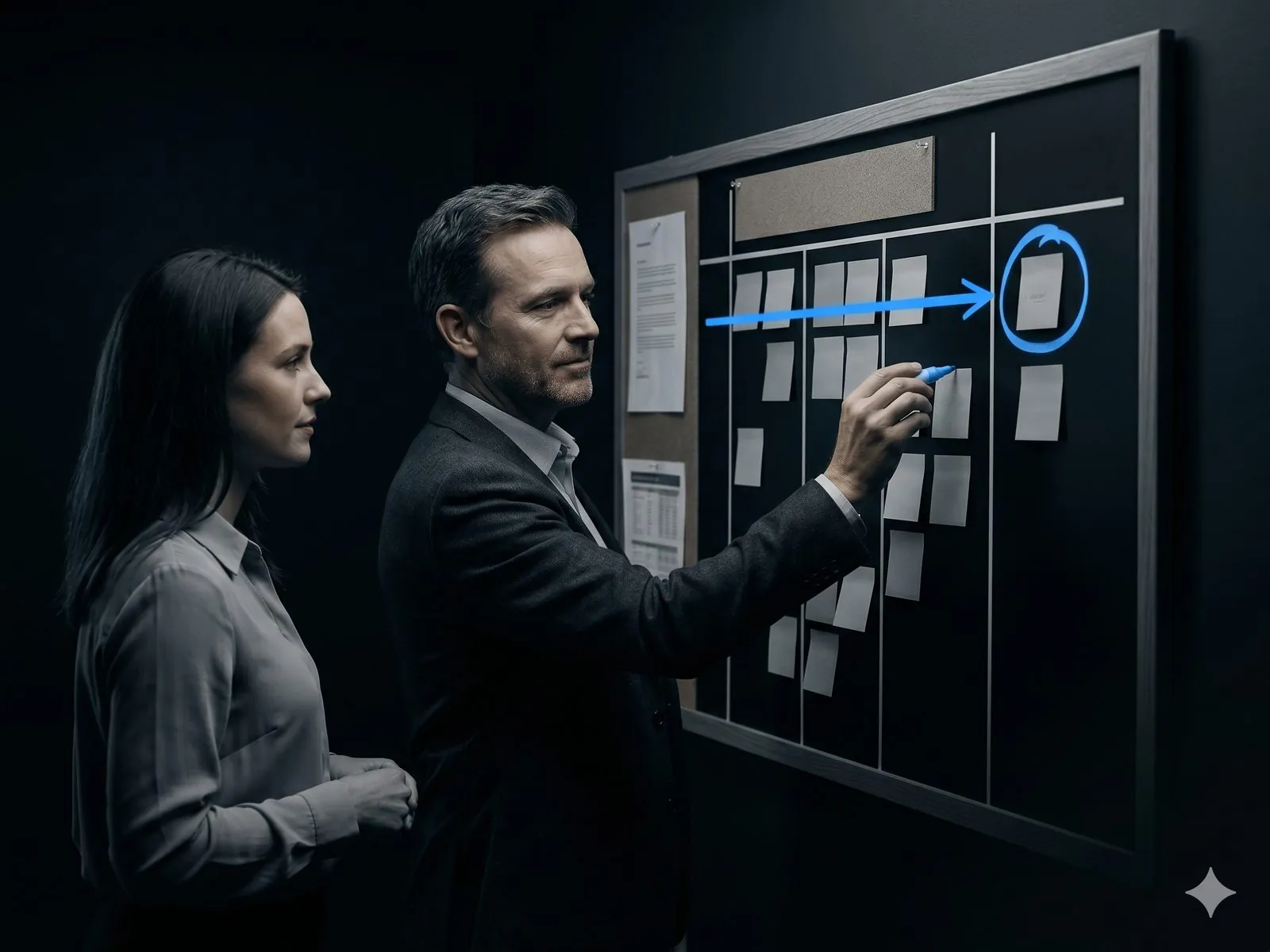 Two strategists at a wall-mounted Kanban board, one tracing a thick electric-blue marker line from "now" through several option columns to a single circled outcome.