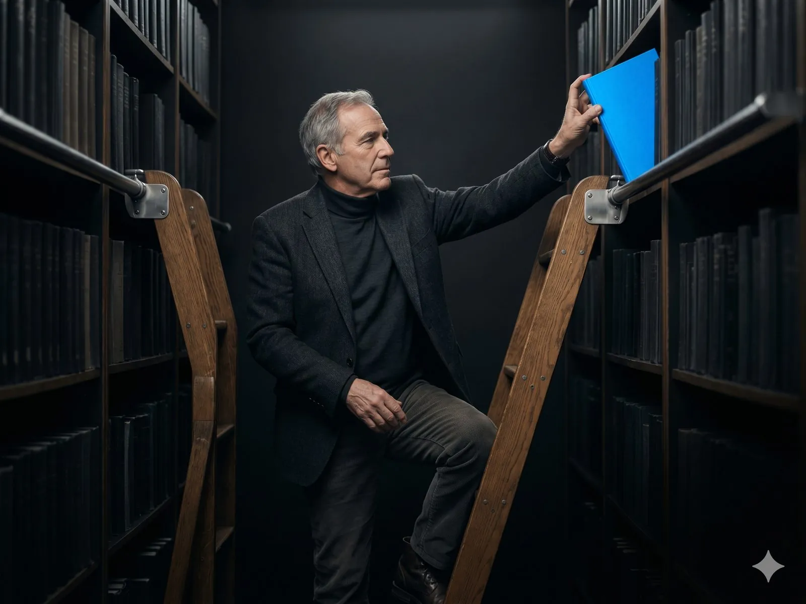 A senior data scientist on the third rung of a library ladder, reaching for a high shelf where an electric-blue book sits just within grasp.