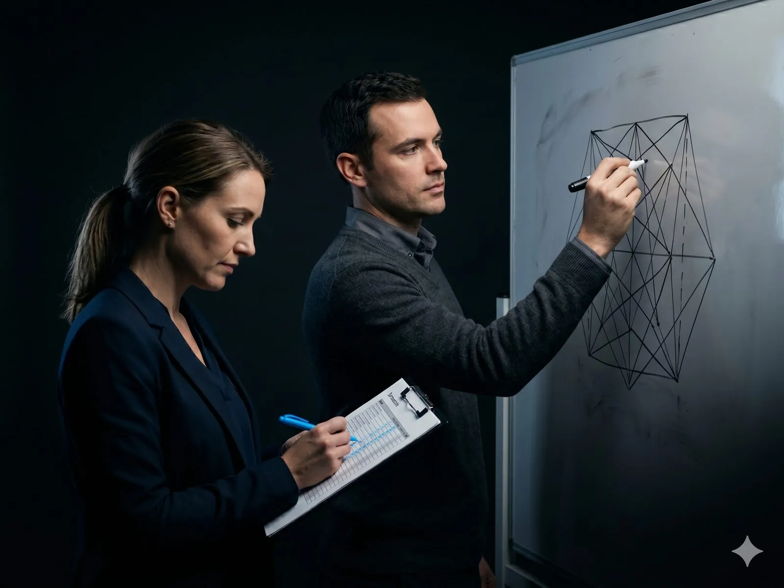 A compliance officer and an engineer at a whiteboard, the engineer drawing a precise lattice diagram while the officer ticks regulated fields in electric blue from a printed schedule.