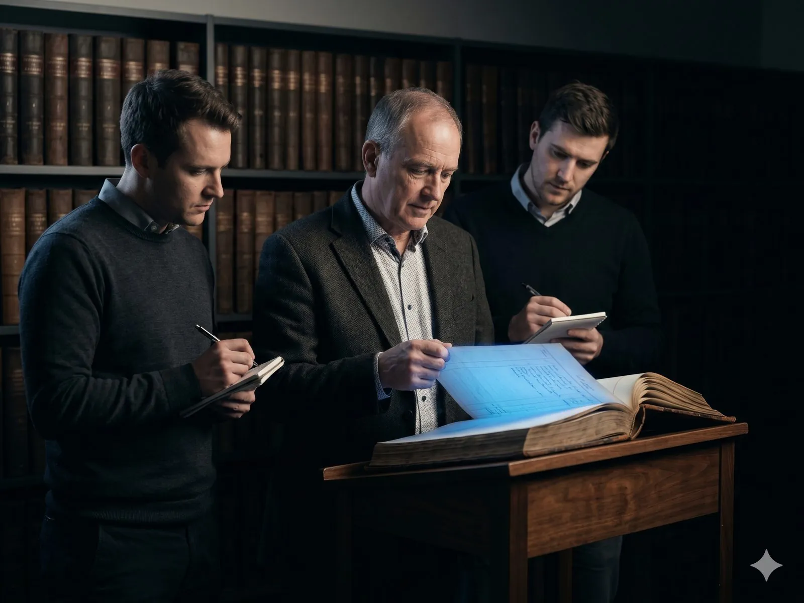 A senior engineer at a row of bound ledger volumes pulling one open on a reading stand, the page lit electric-blue, two colleagues taking notes.